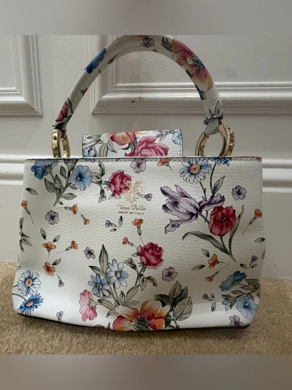 Vera Pelle Made in Italy Floral Leather Top Handle Handbag White Botanical Purse